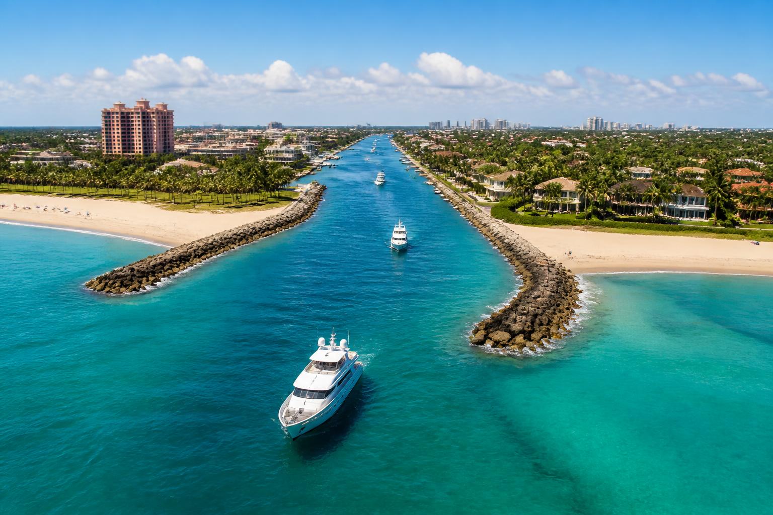Aerial view of the Boca Raton Inlet with turquoise water and luxury yachts