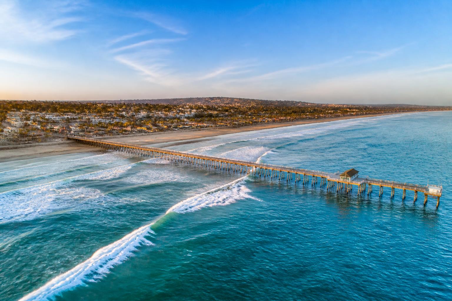 Aerial view of the Oceanside Pier in California at golden hour